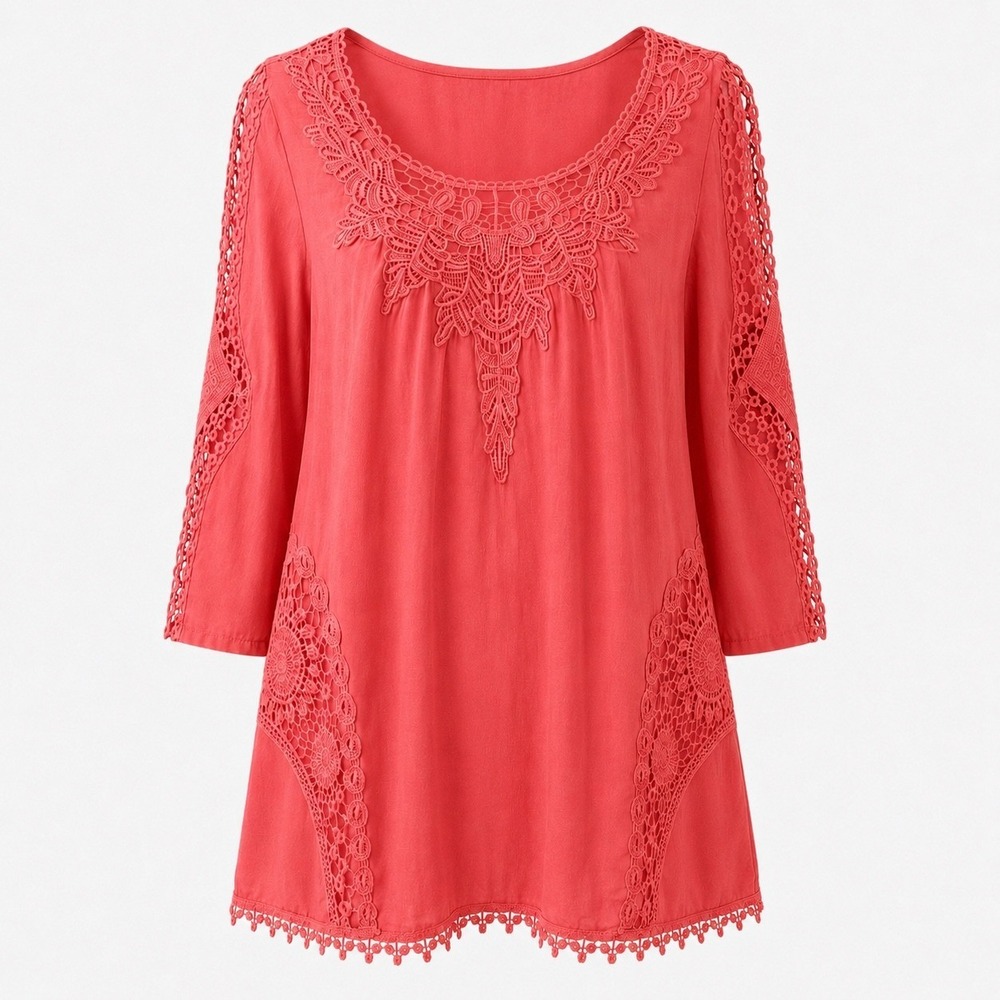 XCVI Coral Pink Cotton Silk Crochet Lace Tunic Top Bohemian Romantic Beachy Sz M - Picture 8 of 16